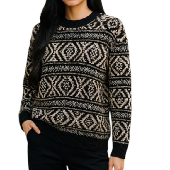 H&M 90s Vibe Wool Blend Nordic Pattern Knit Sweater Black White Round Neck L - Picture 1 of 10